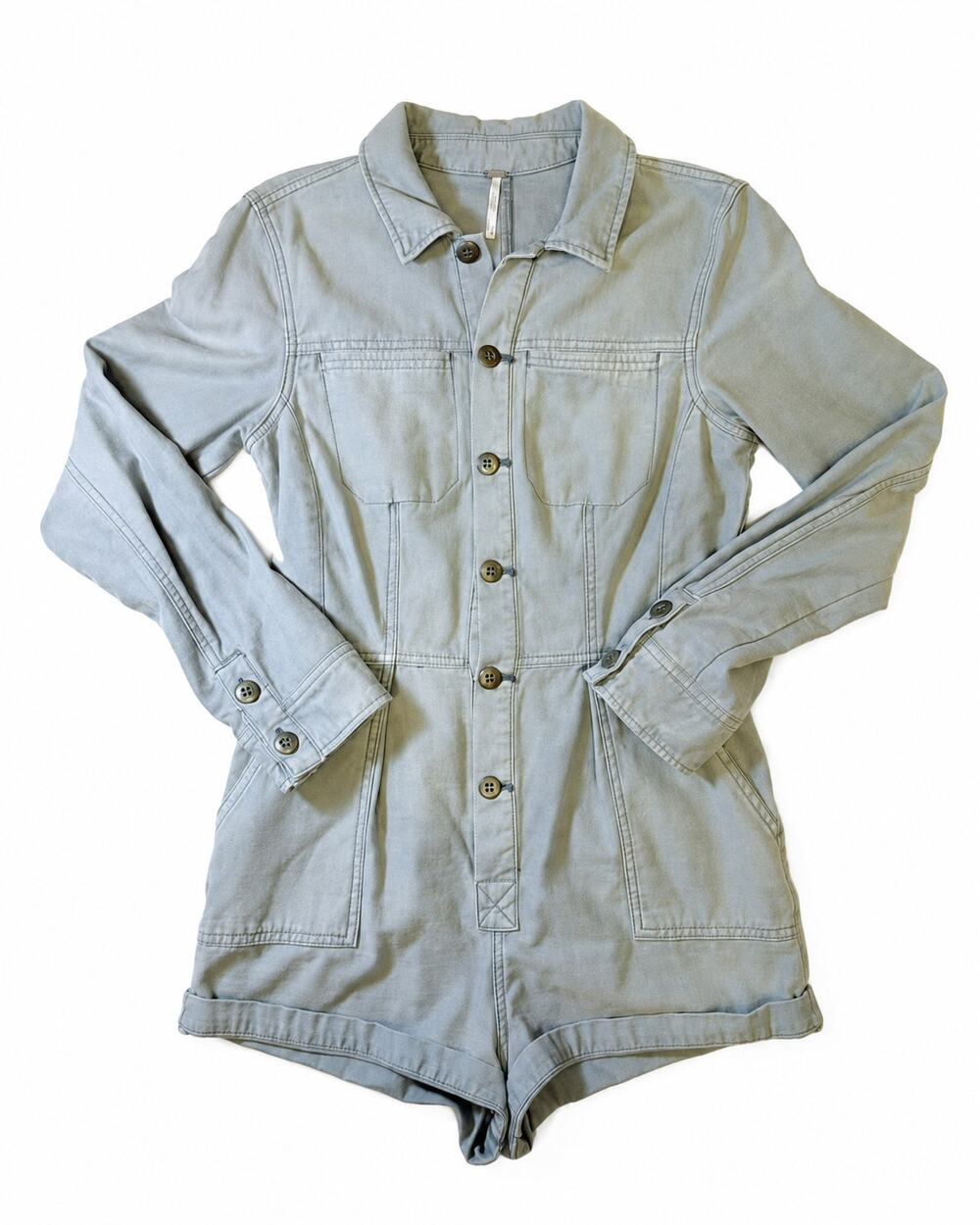 Free People Womens XS Gray Utility Romper Long Sleeve Button Front Pockets